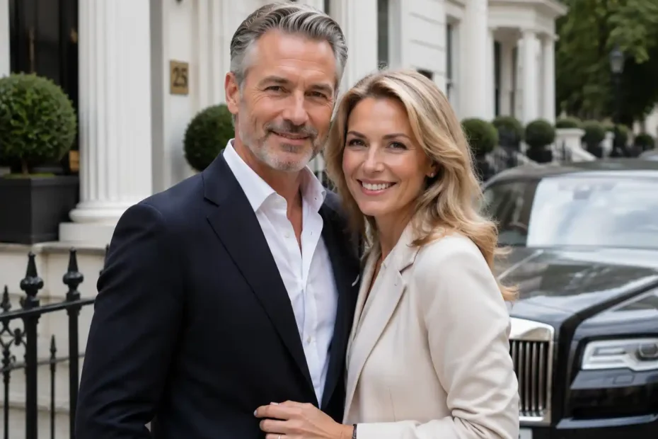 Elegant couple in front of townhome