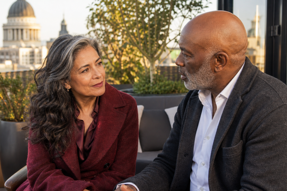 Affluent mature couple discussing lifestyle compatibility on an elegant rooftop terrace